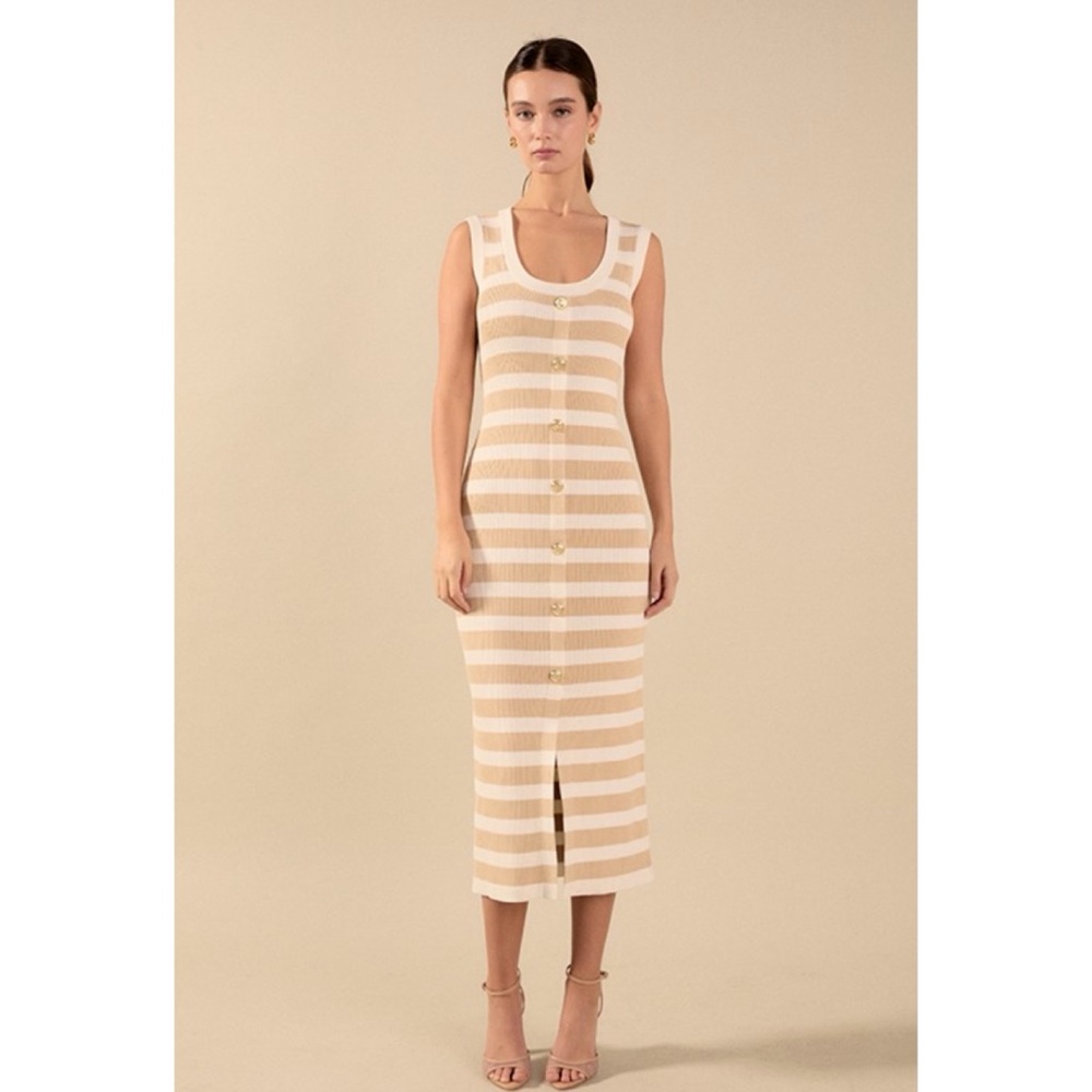 1171 • Sand & Ivory Striped Rib Knit Sleeveless Dress w/Gold Buttons - Picture 6 of 6